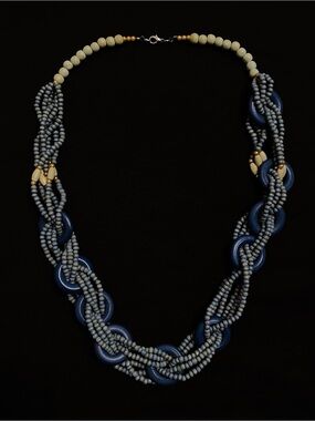 Multistrand Braided Navy Blue & Gray Seed-Beaded Necklace | Chunky Blue Links